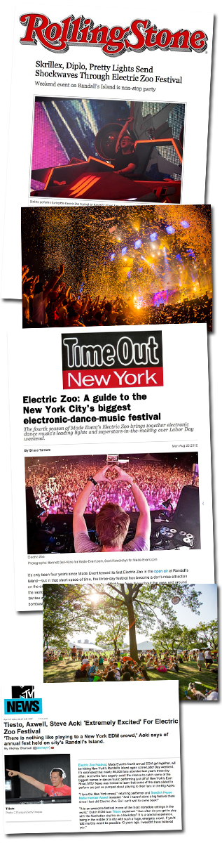 Montage of featured press coverage of Electric Zoo 
				festival